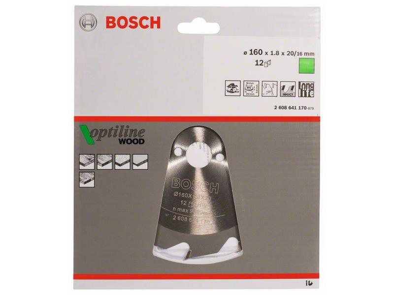 List krožne žage Bosch Optiline Wood, Dimenzije: 160x20/16x1,8mm, Zob: 12, 2608641170
