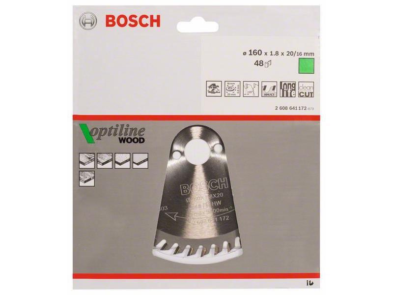 List krožne žage, Bosch Optiline Wood, Dimenzije: 160 x 20/16 x 1,8 mm, 48 zob, 2608641172