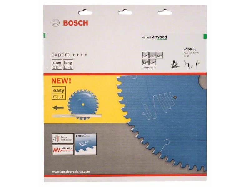 Žagin list za krožne žage, Bosch Expert for Wood, Dimenzije: 305x30x2,4 mm, 72 zob, 2608642531