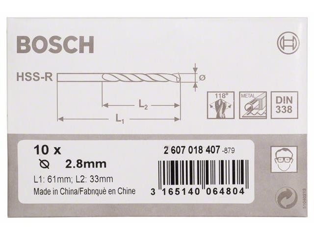 HSS Sveder za kovino Bosch DIN 338, Pakiranje: 10kos, Dimenzije: 2,8x33x61mm, 2607018407