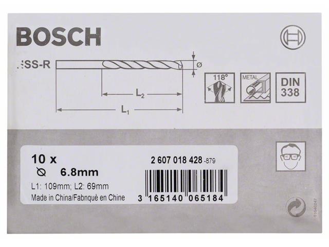 HSS Sveder za kovino  Bosch DIN 338, Pakiranje: 10kos, Dimenzije: 6,8x69x109mm, 2607018428