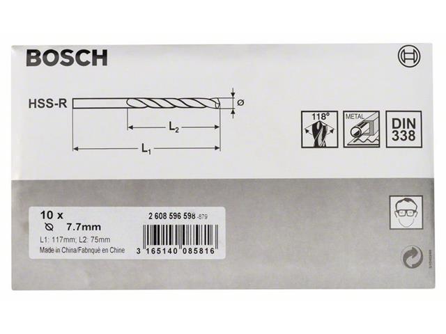HSS Sveder za kovino Bosch DIN 338, Pakiranje: 10kos, Dimenzije: 7,7x75x117mm, 2608596598