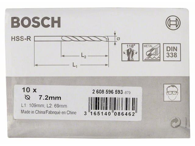 HSS Sveder za kovino Bosch DIN 338, Pakiranje: 10kos, Dimenzije: 7,2x69x109mm, 2608596593
