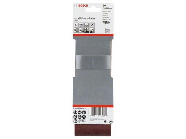 3-delni komplet brusilnih trakov Bosch X440, Dimenzije: 75x533 mm, Zrnatost: 60, 2608606070