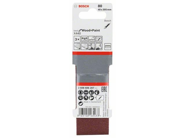 3-delni komplet brusilnih trakov X440 Bosch, Dimenzija: 40x305 mm, Zrnatost: 80, 2608606207
