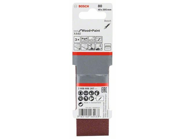 3-delni komplet brusilnih trakov X440 Bosch, Dimenzija: 40x305 mm, Zrnatost: 80, 2608606207