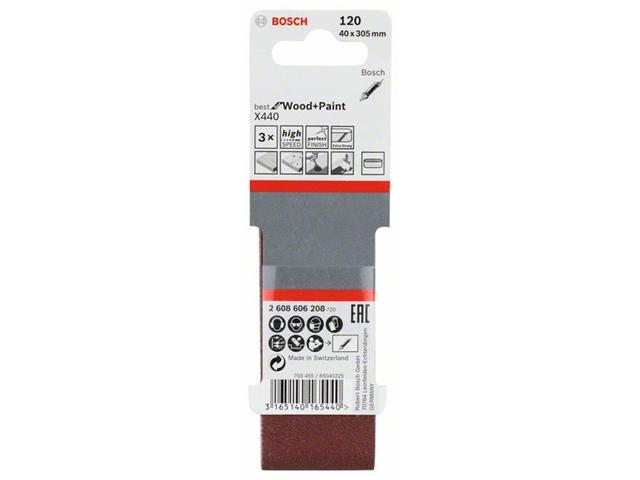 3-delni komplet brusilnih trakov X440  Bosch, Dimenzija: 40x305 mm, Zrnatost: 120, 2608606208