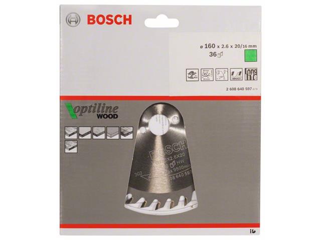List krožne žage, Bosch Optiline Wood, Dimenzije: 160 x 20/16 x 2,6 mm, 36 zob, 2608650597