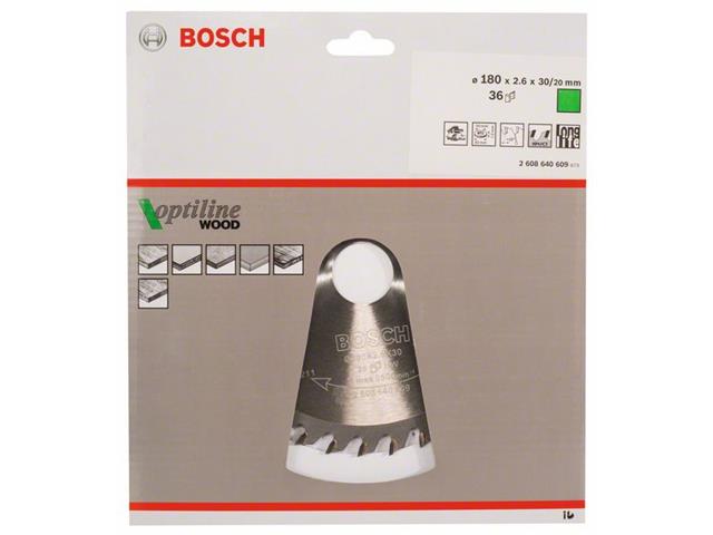 List krožne žage Bosch Optiline Wood, Dimenzije: 180x30/20x2,6mm, Zob: 36, 2608640609