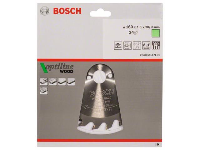 List krožne žage Bosch Optiline Wood, Dimenzije: 160x20/16x1,8mm, Zob: 24, 2608641171