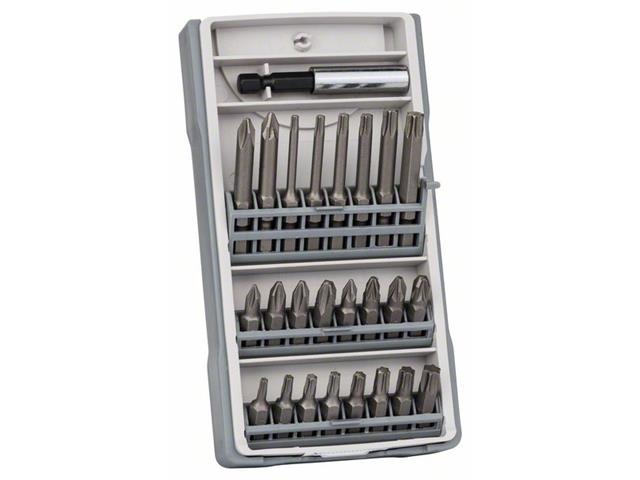 25-delni komplet vijačnih nastavkov PH1, PH2 (2 x 25 mm), PH3, PZ1, PZ2 (2 x 25 mm), PZ3, T10, T15, T20 (2 x 25 mm), T25, T27, T30, T40, T10, T15, T20, T25, T30, T40, PH2 (1 x 49 mm), PZ2 (1 x 49 mm), držalo nastavkov