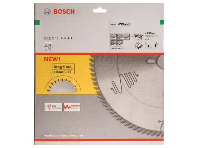 List za krožne žage Bosch Expert for Wood, Dimenzije: 250x30x3,2mm, Zob: 60, 2608642506